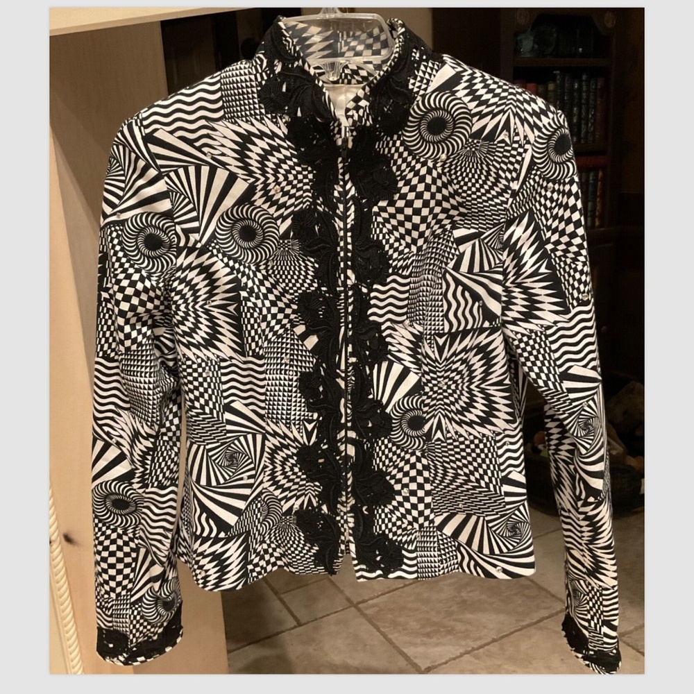 Vintage Isabel Black & White Jacket Geometric Swarovski Crystals 1990s Medium